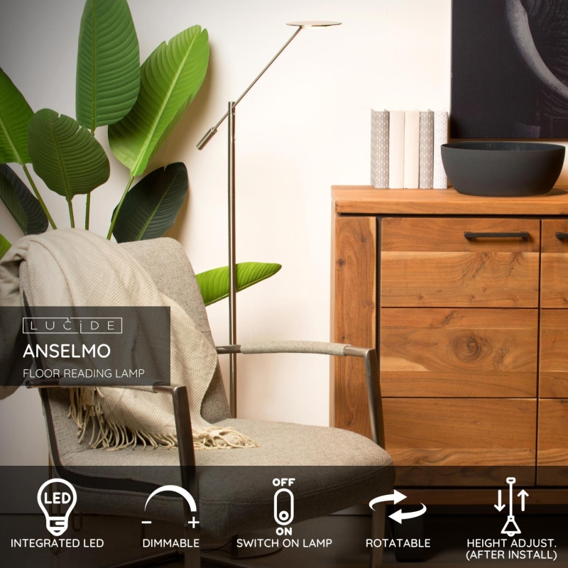 Lucide ANSELMO - Stojacia lampa na čítanie - Ø 25 cm - LED Rozm. - 1x9W 3000K - Satin Chrome